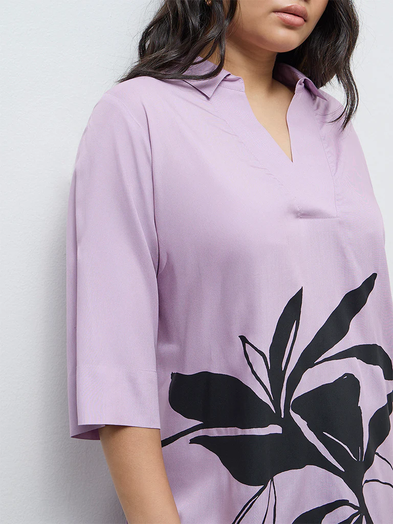 Diza Lavender Floral Printed High-Low Kurti - Image 3