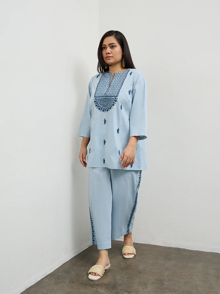 Diza Light Blue Embroidered Cotton Pants - Image 2