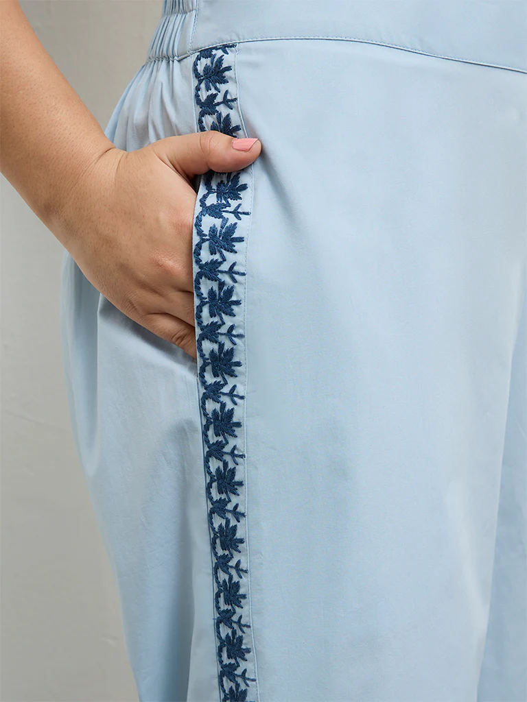 Diza Light Blue Embroidered Cotton Pants - Image 3