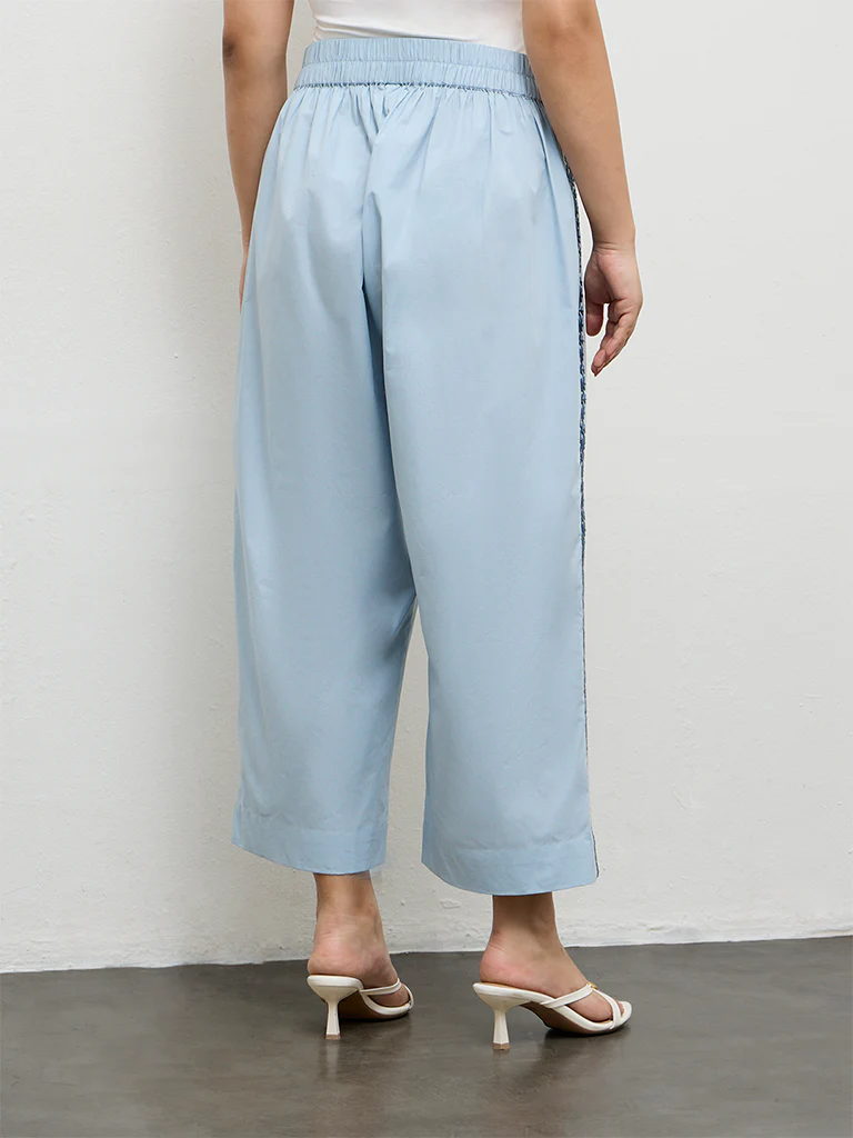 Diza Light Blue Embroidered Cotton Pants - Image 4