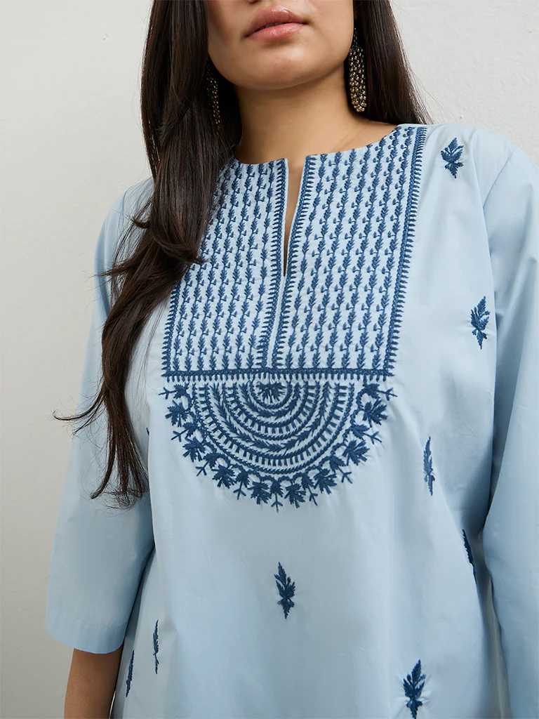 Diza Light Blue Embroidered Cotton Tunic - Image 3