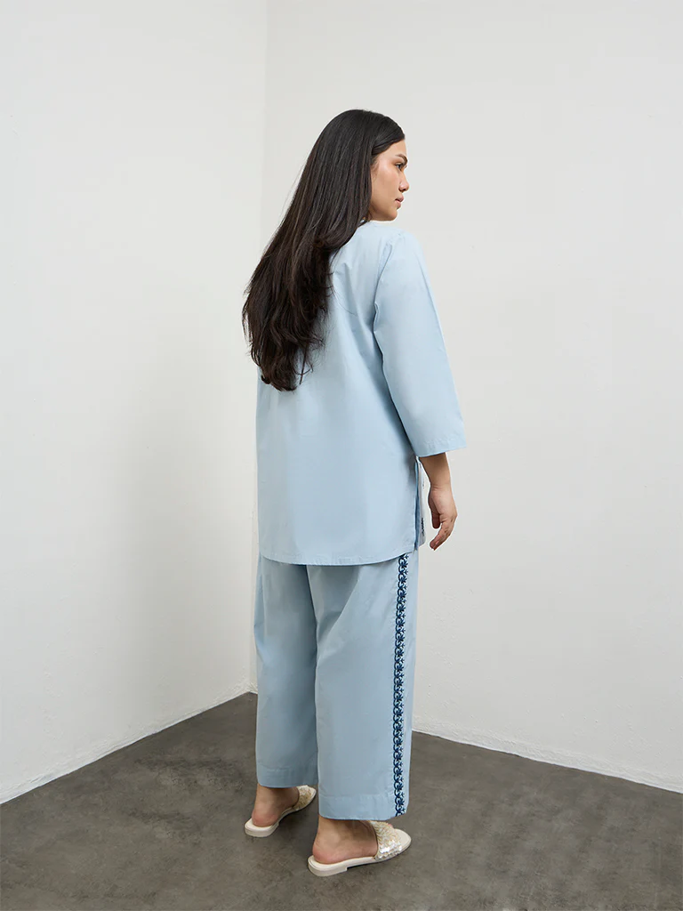 Diza Light Blue Embroidered Cotton Tunic - Image 4
