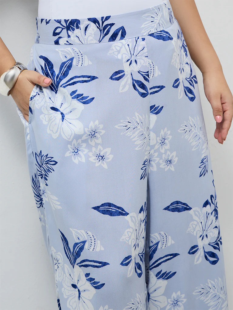Diza Light Blue Floral Printed Ethnic Pants - Image 3