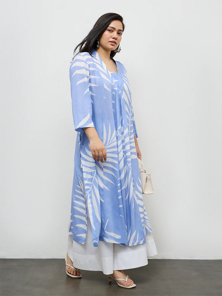 Diza Light Blue Foliage Printed A-Line Kurta - Image 2