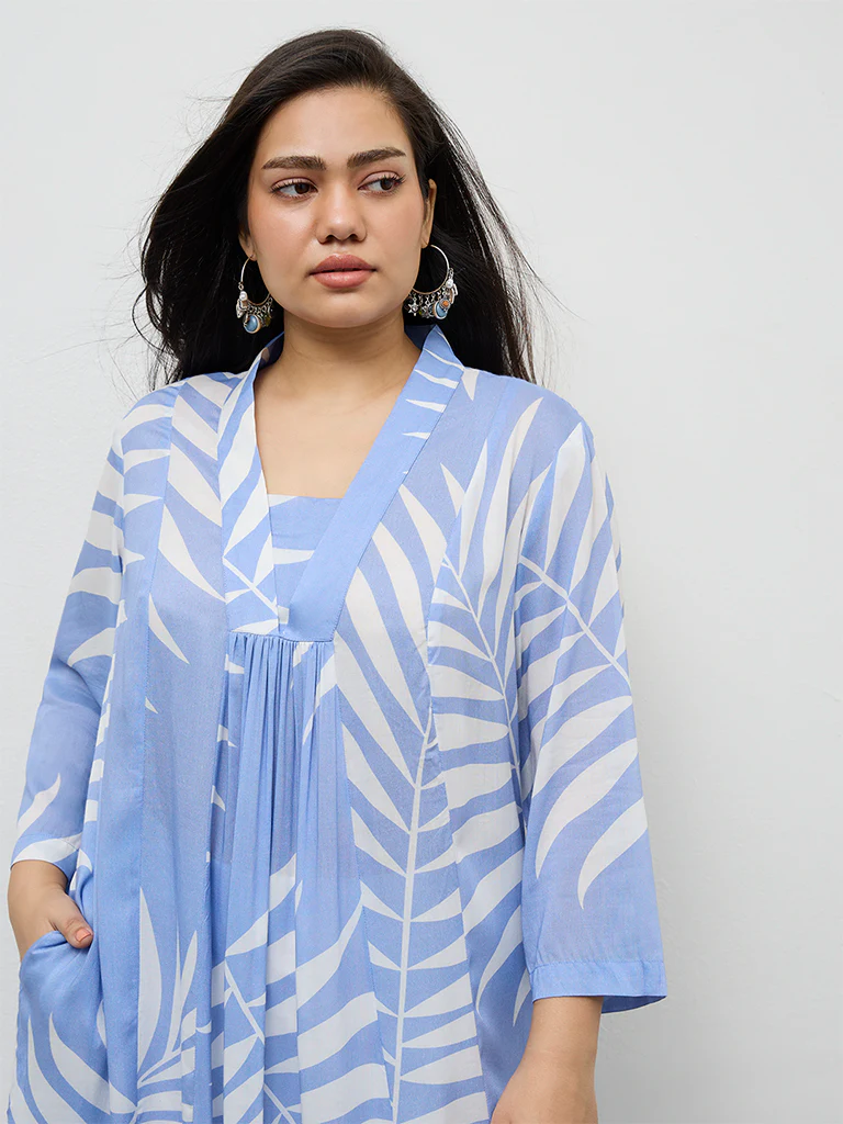 Diza Light Blue Foliage Printed A-Line Kurta - Image 3