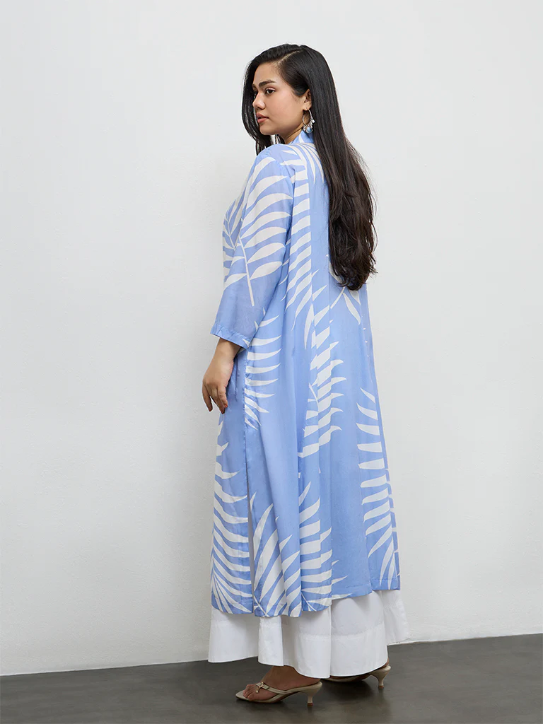 Diza Light Blue Foliage Printed A-Line Kurta - Image 4