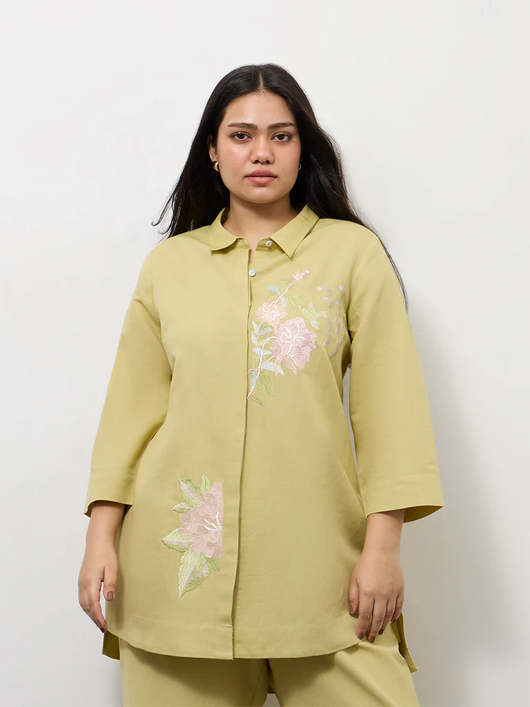 Diza Light Green Floral Embroidered Linen-Blend Tunic