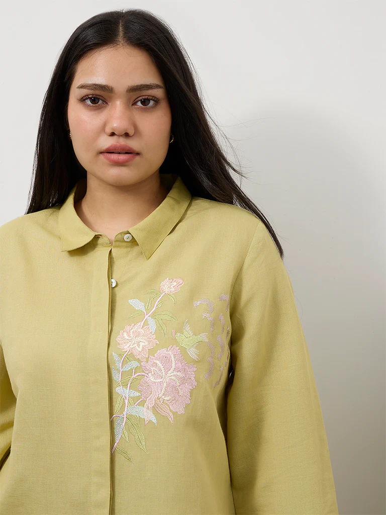 Diza Light Green Floral Embroidered Linen-Blend Tunic - Image 3