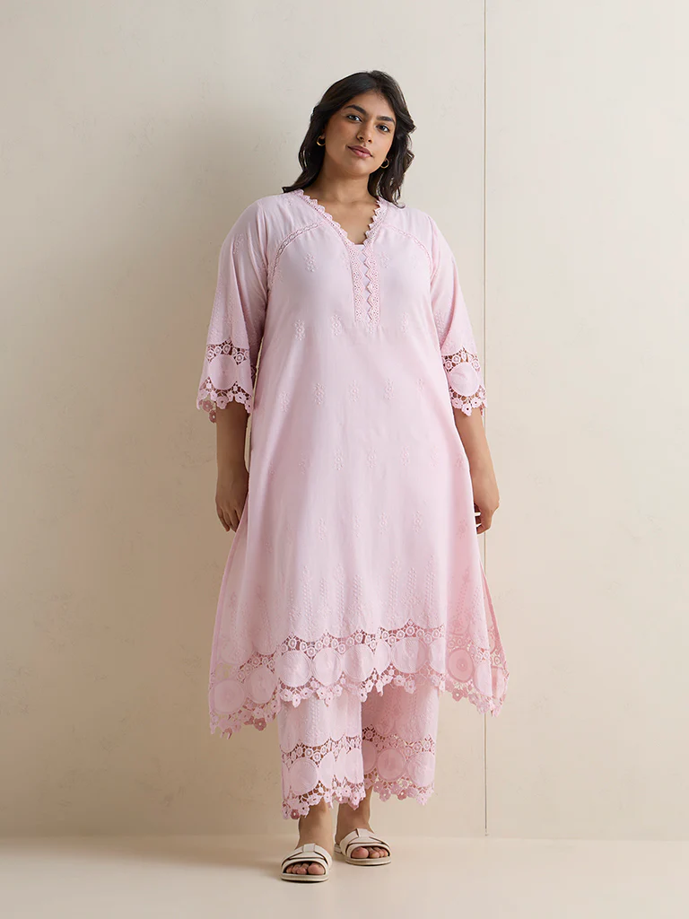 Diza Light Pink Embroidered Cotton A-Line Kurta