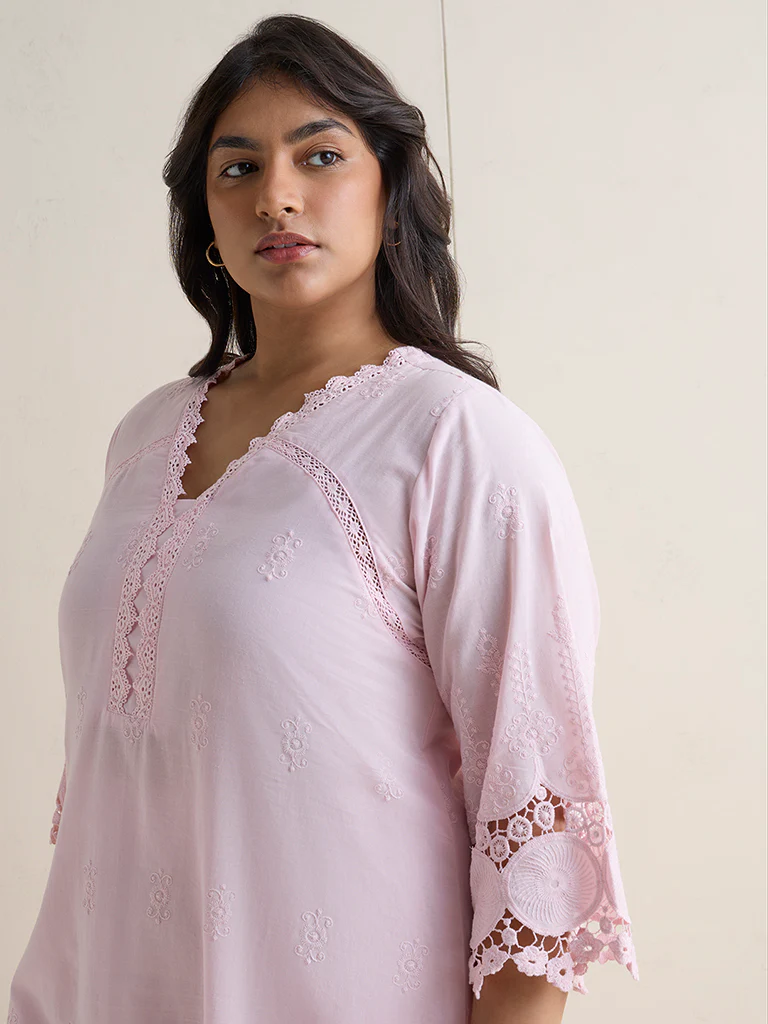 Diza Light Pink Embroidered Cotton A-Line Kurta - Image 3