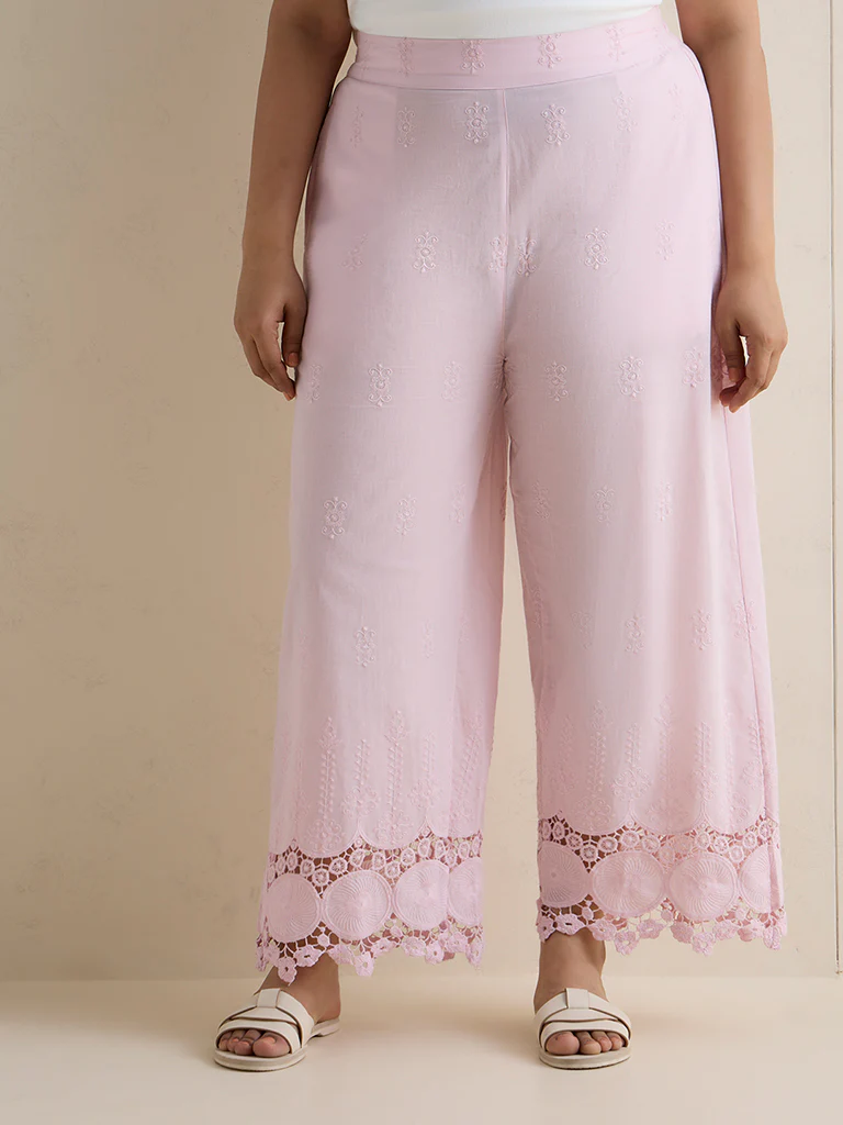 Diza Light Pink Embroidered Cotton Pants