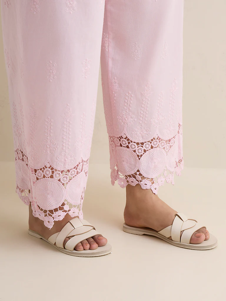 Diza Light Pink Embroidered Cotton Pants - Image 3