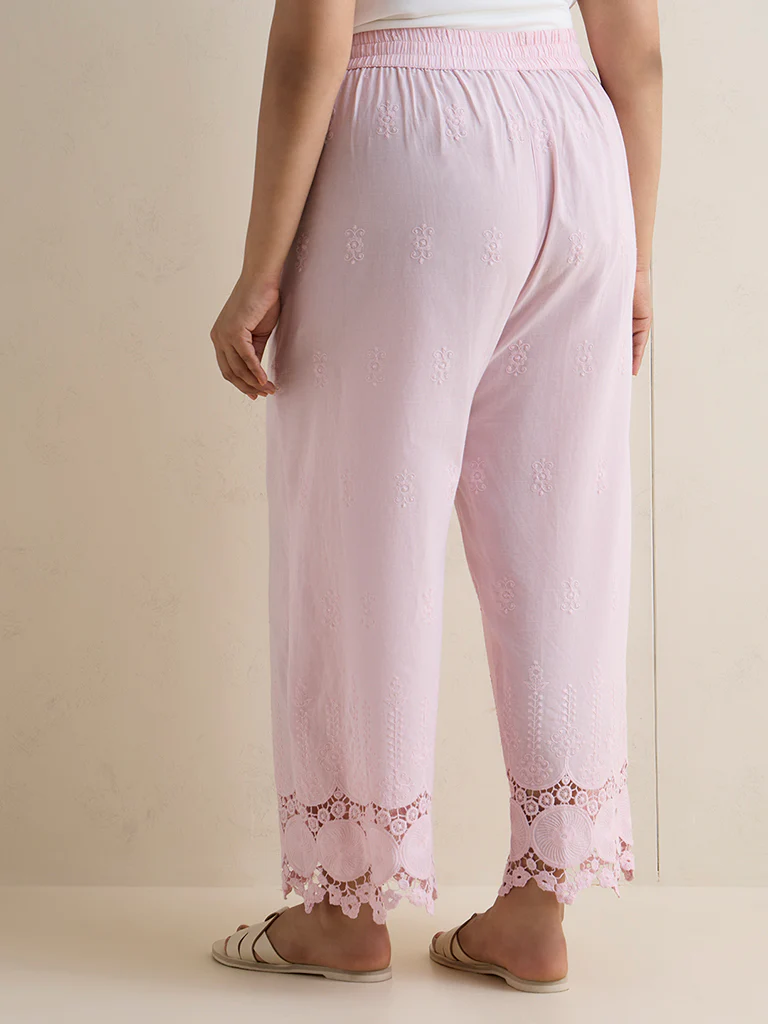 Diza Light Pink Embroidered Cotton Pants - Image 4