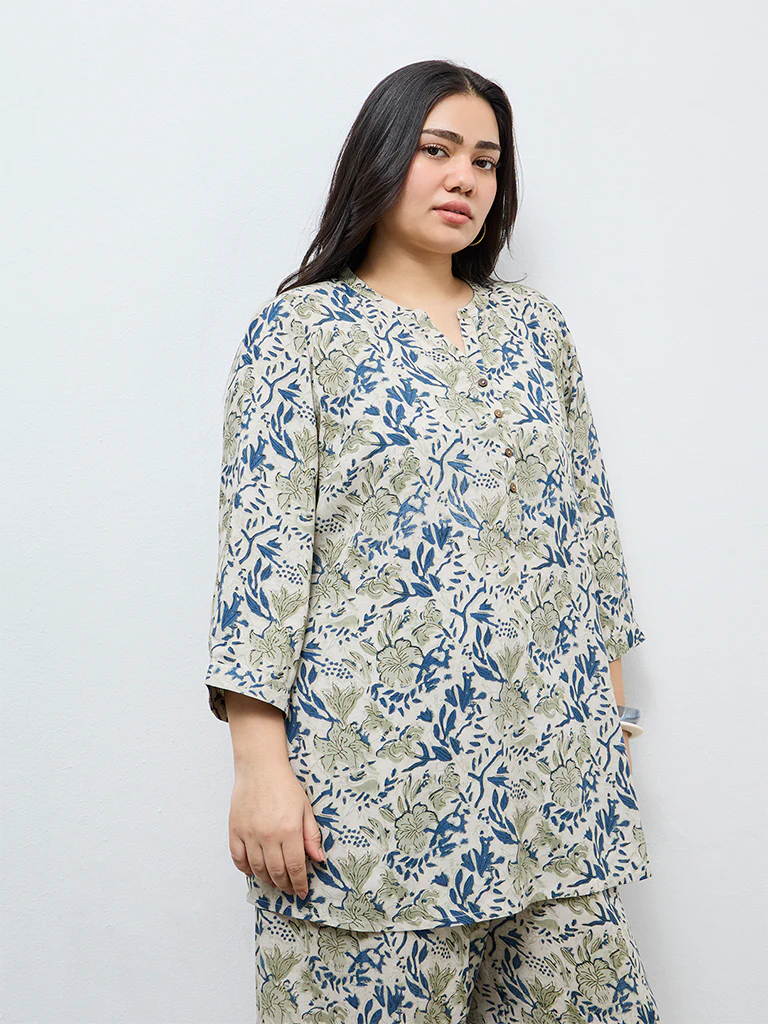 Diza Light Taupe Botanical Printed Tunic