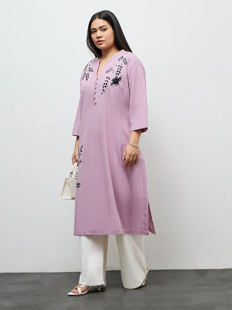 Diza Lilac Floral Embroidered A-Line Kurta - Image 2