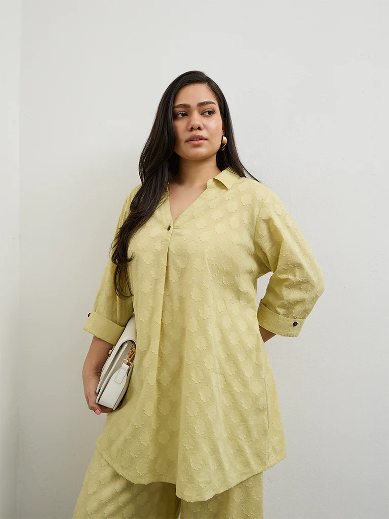 Diza Lime Floral Textured A-Line Cotton Tunic - Image 2
