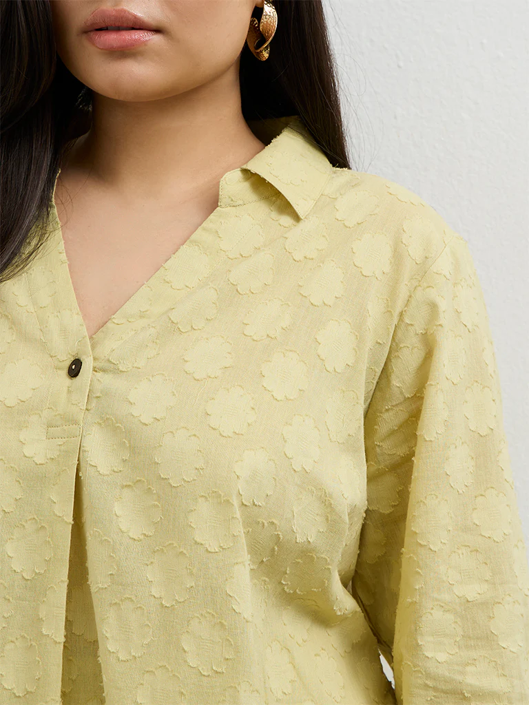 Diza Lime Floral Textured A-Line Cotton Tunic - Image 3