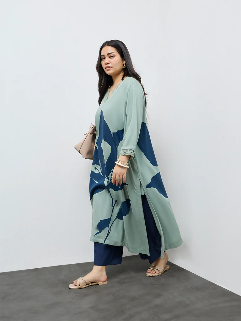 Diza Mint Floral Printed A-Line Kurta - Image 2