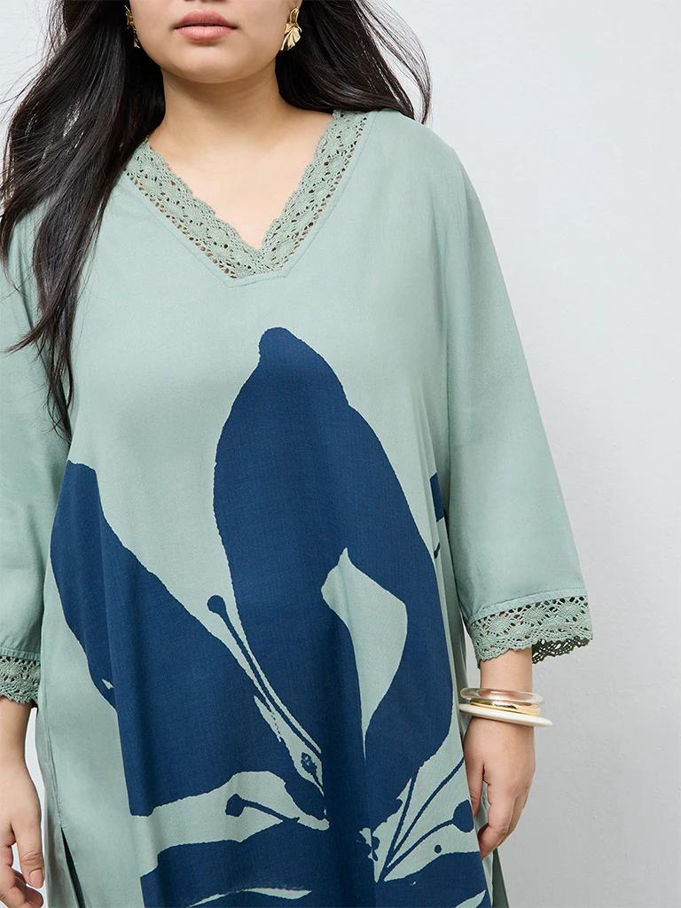 Diza Mint Floral Printed A-Line Kurta - Image 3