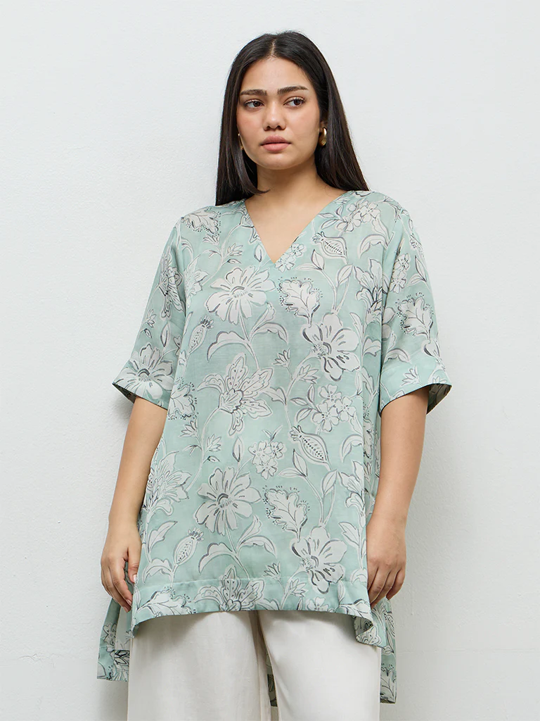 Diza Mint Floral Printed High-Low Tunic