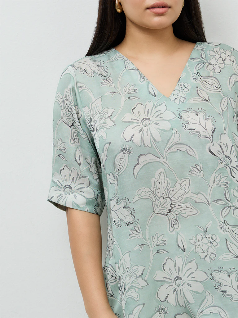 Diza Mint Floral Printed High-Low Tunic - Image 3