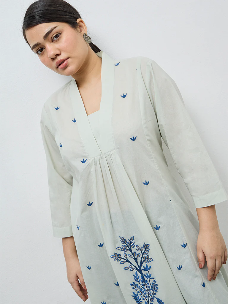 Diza Mint Foliage Embroidered Cotton A-Line Kurta - Image 3