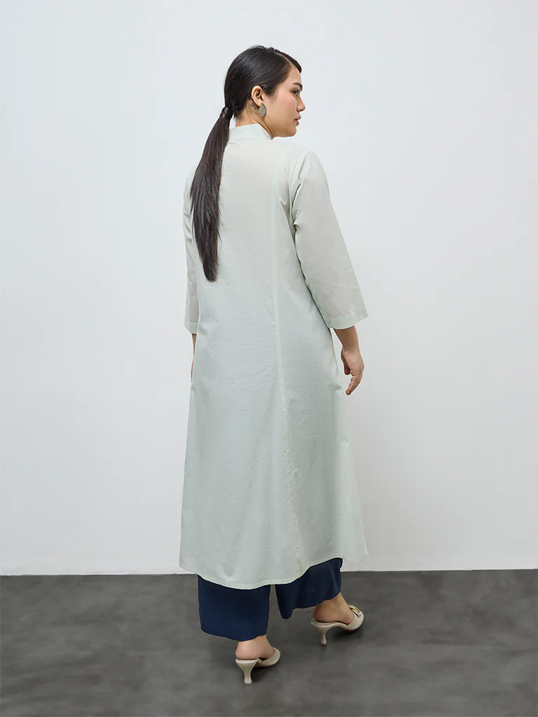 Diza Mint Foliage Embroidered Cotton A-Line Kurta - Image 4