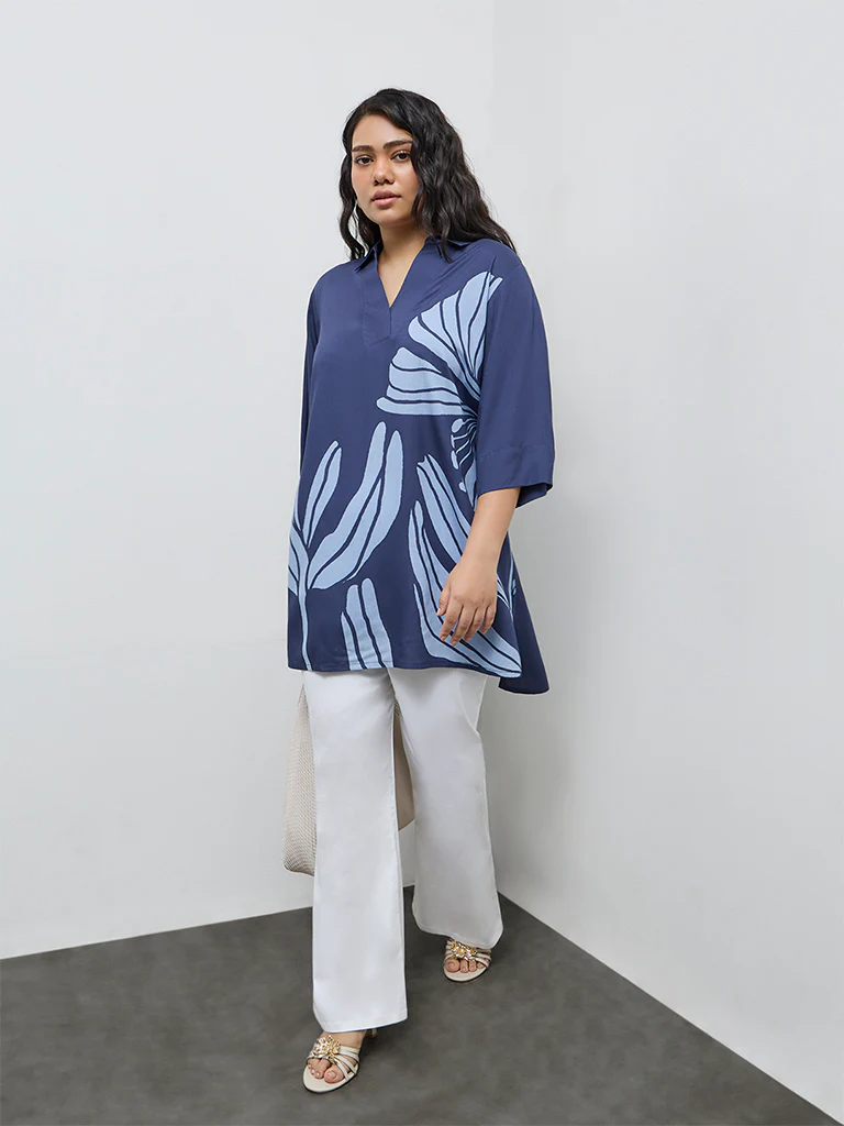Diza Navy Floral Printed High-Low Tunic - Image 2