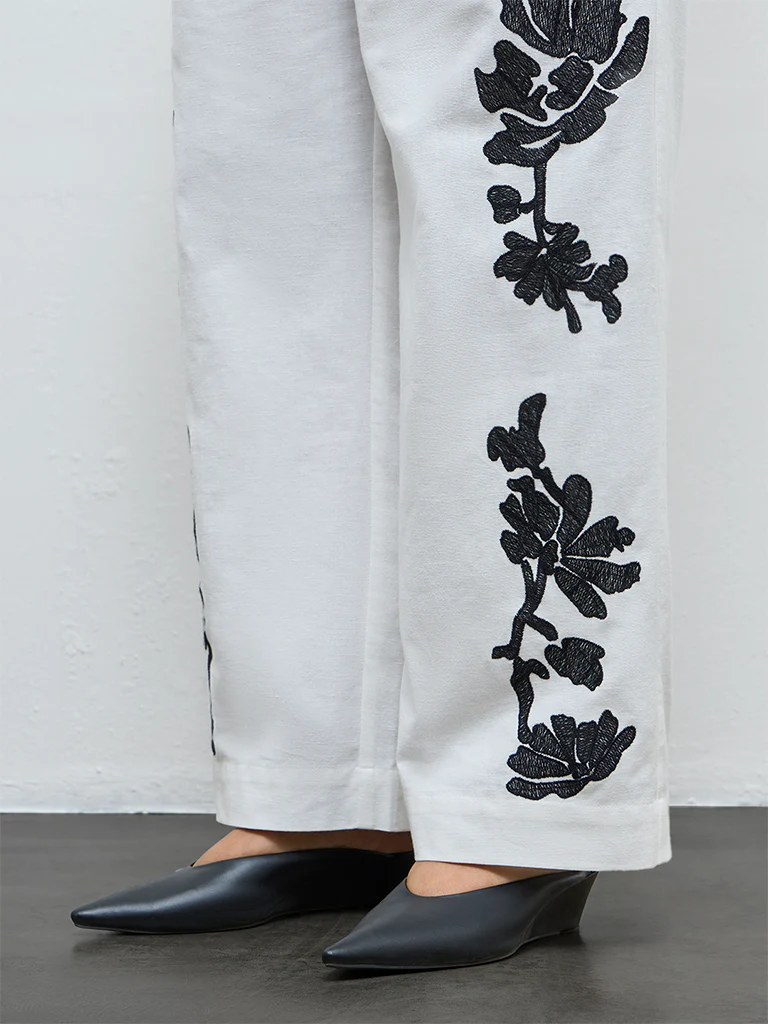Diza Off-White Floral Embroidered Cotton-Blend Pants - Image 3