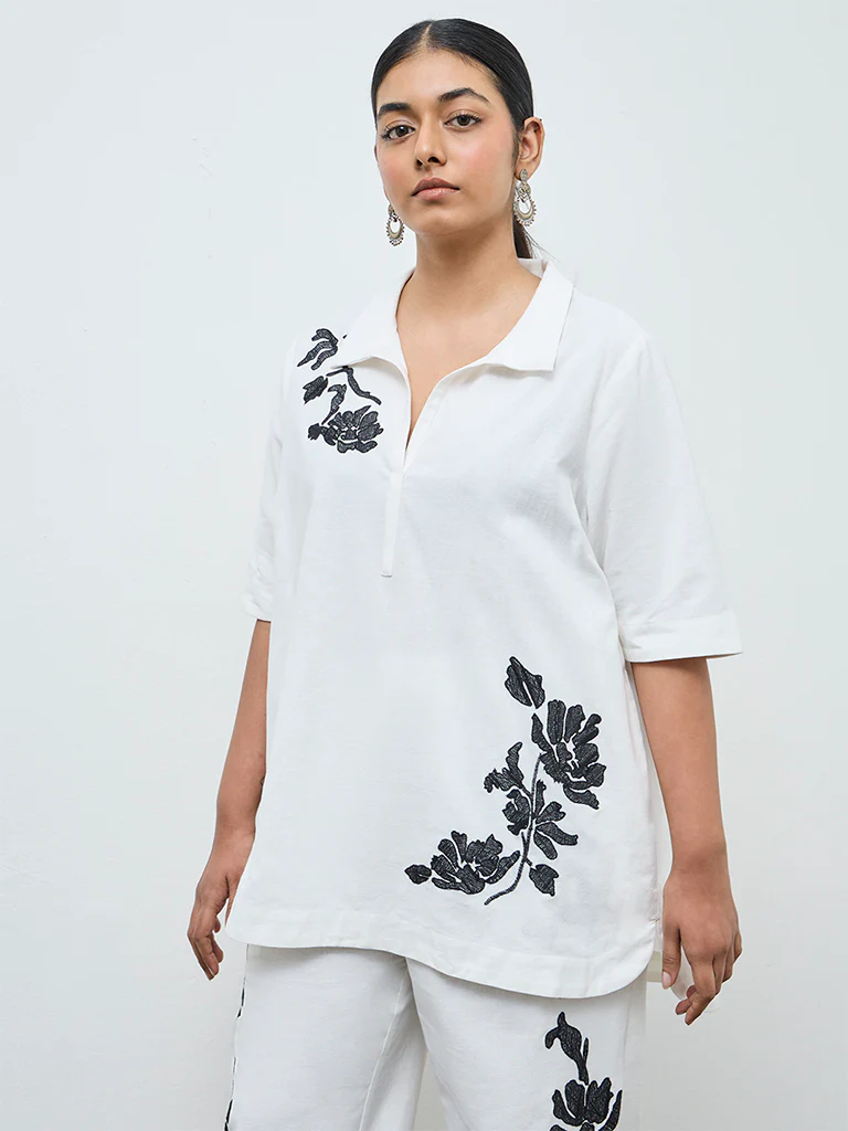 Diza Off-White Floral Embroidered Cotton-Blend Tunic - Image 2