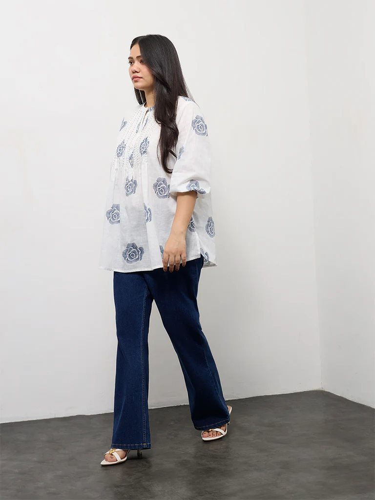 Diza Off-White Floral Printed Cotton Tunic - Image 2