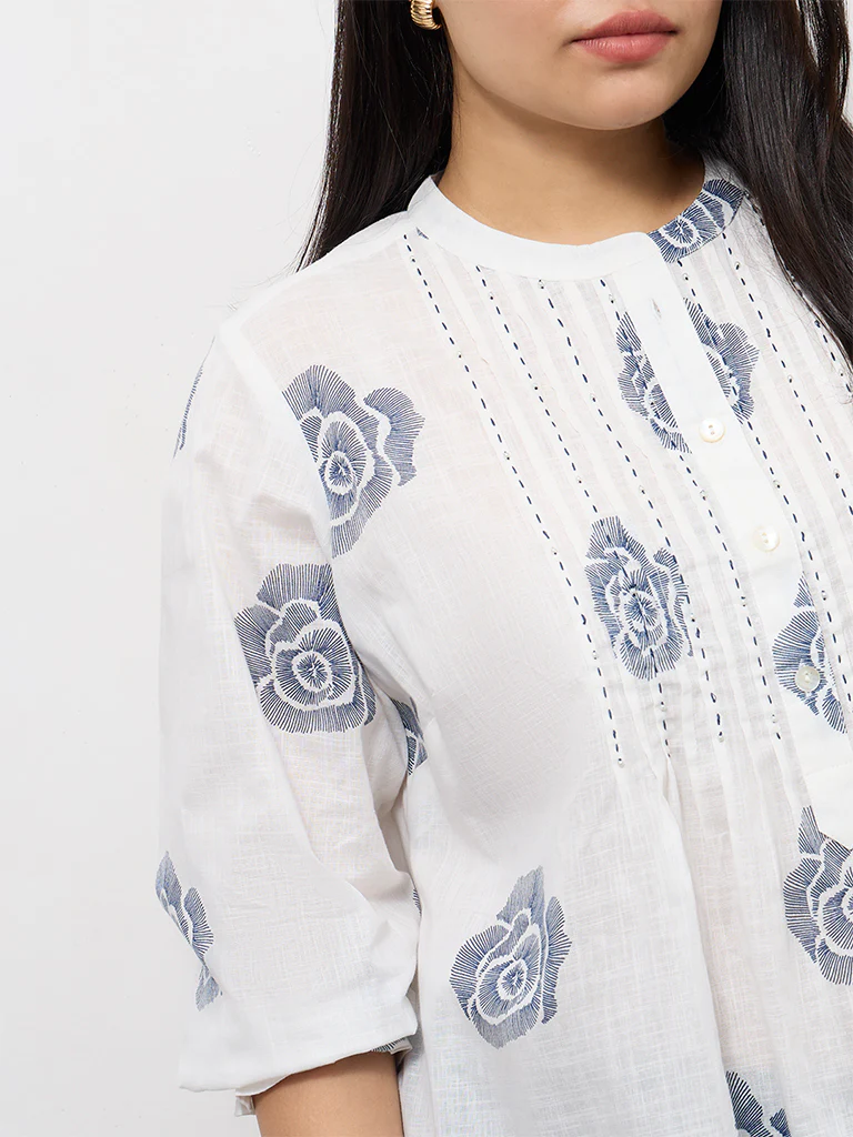 Diza Off-White Floral Printed Cotton Tunic - Image 3