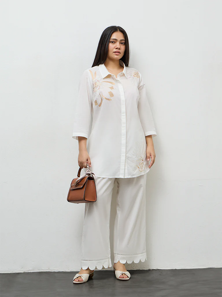 Diza Off-White Scallop-Detailed Cotton Pants - Image 2