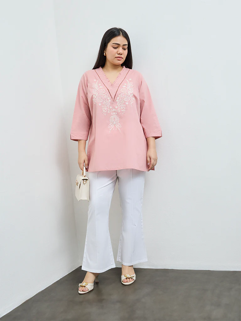 Diza Pink Floral Embroidered Cotton Tunic - Image 2