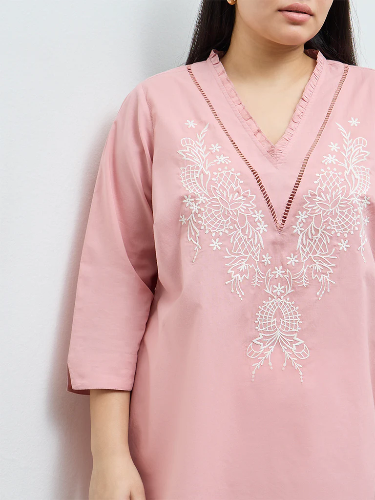 Diza Pink Floral Embroidered Cotton Tunic - Image 3