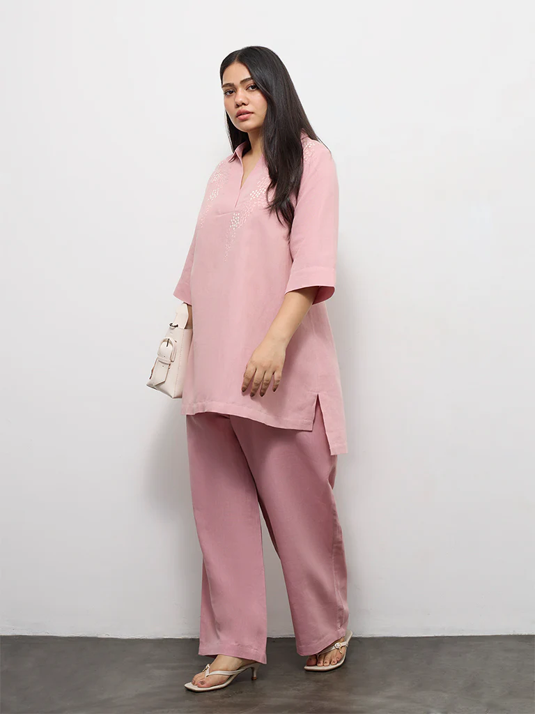 Diza Pink Floral Embroidered High-Low Linen-Blend Tunic - Image 2