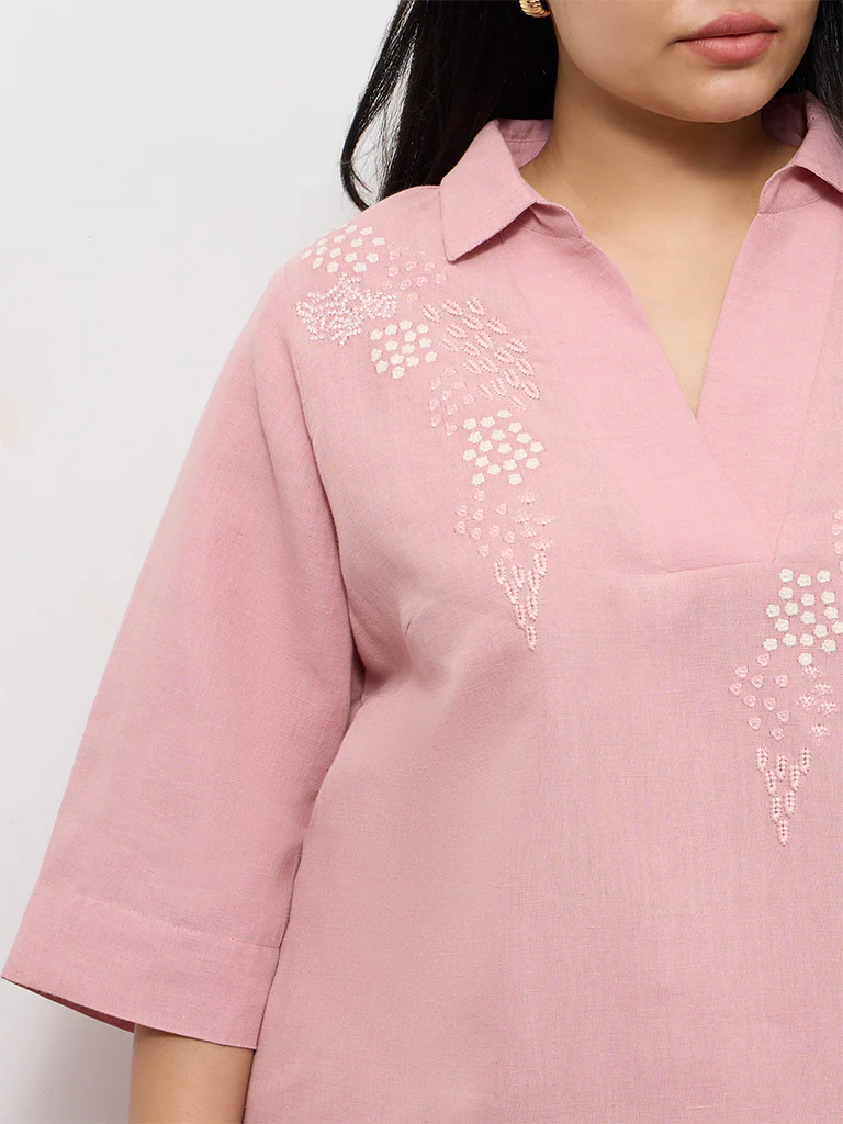 Diza Pink Floral Embroidered High-Low Linen-Blend Tunic - Image 3