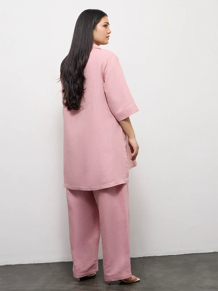 Diza Pink Floral Embroidered High-Low Linen-Blend Tunic - Image 4