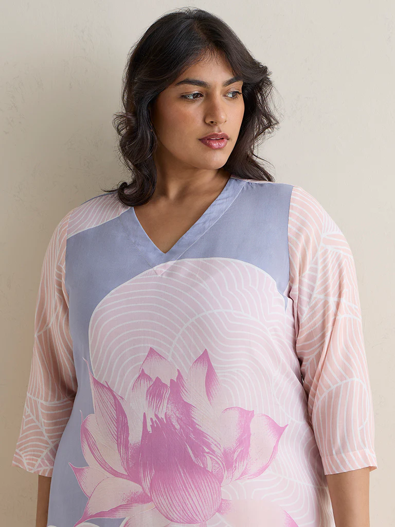 Diza Pink Floral Printed A-Line Kurta - Image 3