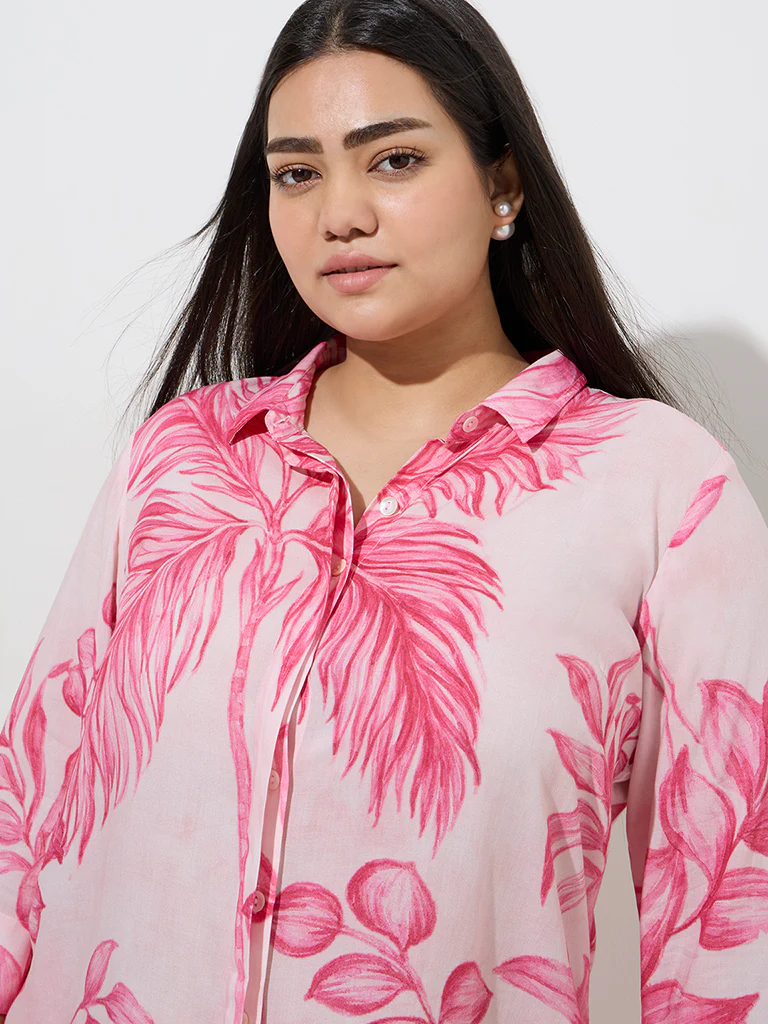 Diza Pink Foliage Printed High-Low Ethnic Tunic - Image 2