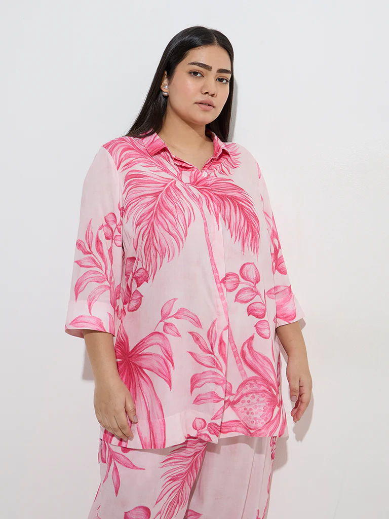 Diza Pink Foliage Printed High-Low Ethnic Tunic - Image 3