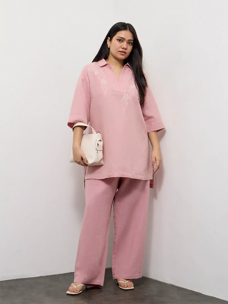 Diza Pink Solid Linen-Blend Pants - Image 2