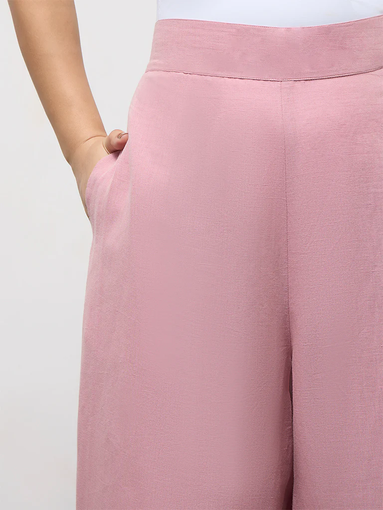 Diza Pink Solid Linen-Blend Pants - Image 3