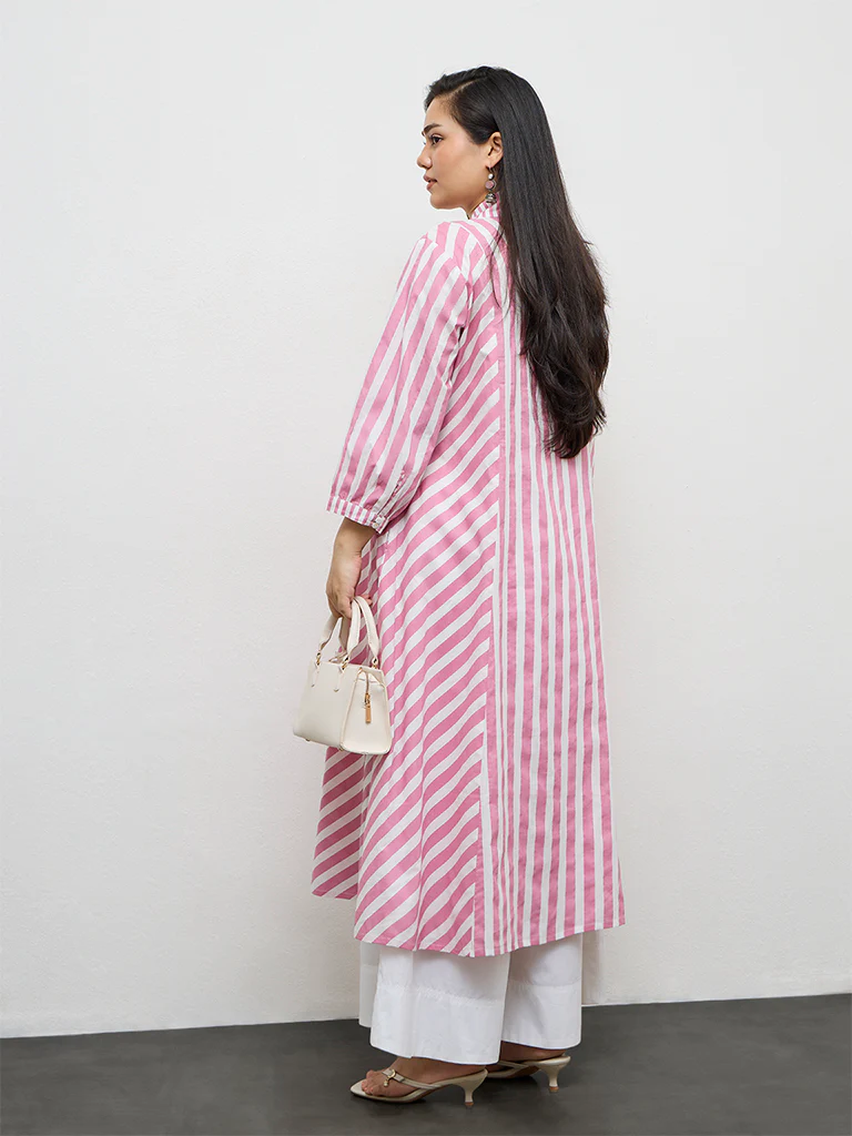 Diza Pink Striped Cotton A-Line Kurta - Image 4