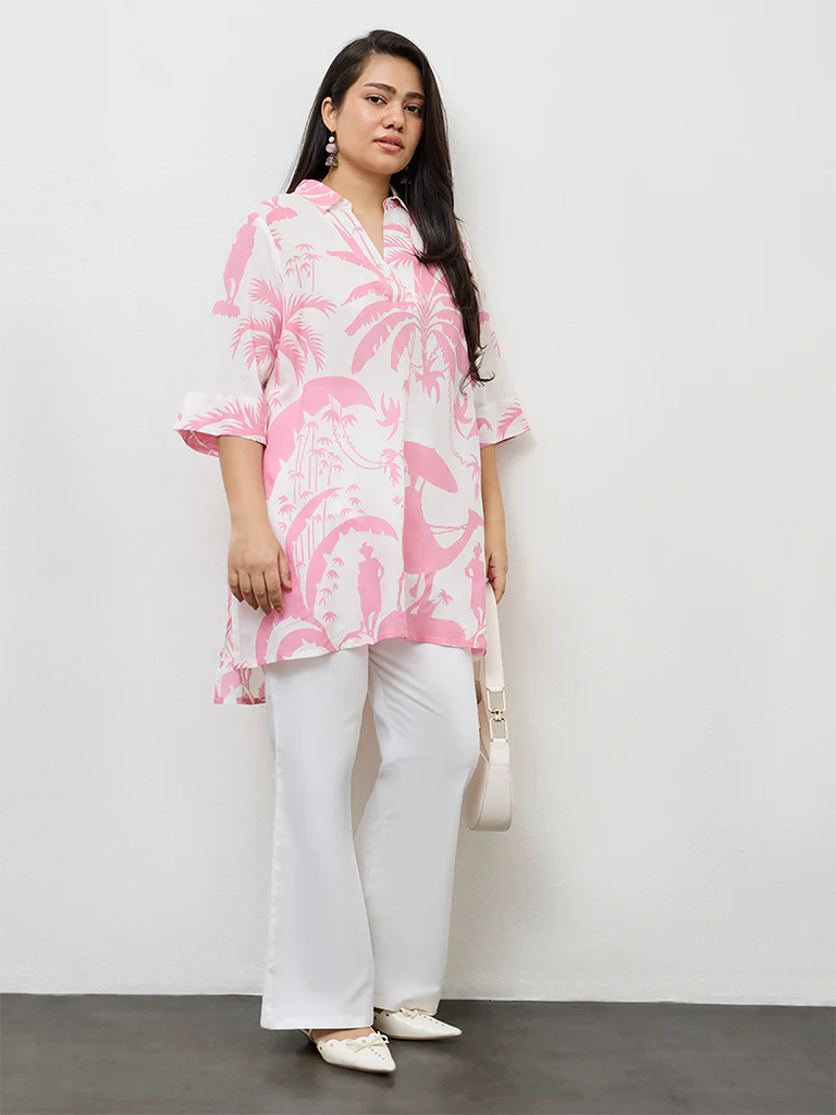 Diza Pink Tropical Printed High-Low Tunic - Image 2