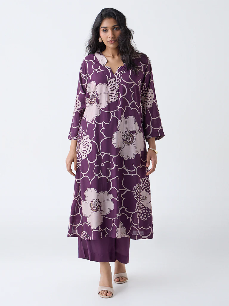 Diza Plum Floral Design A-Line Kurta - Image 2