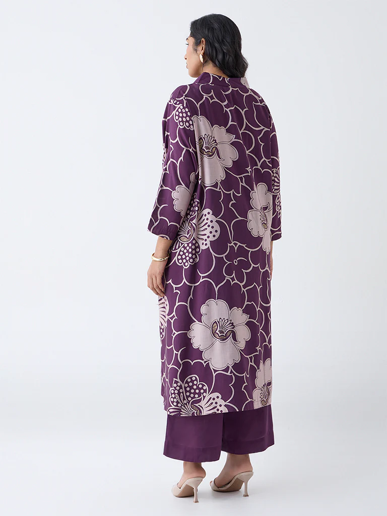 Diza Plum Floral Design A-Line Kurta - Image 4
