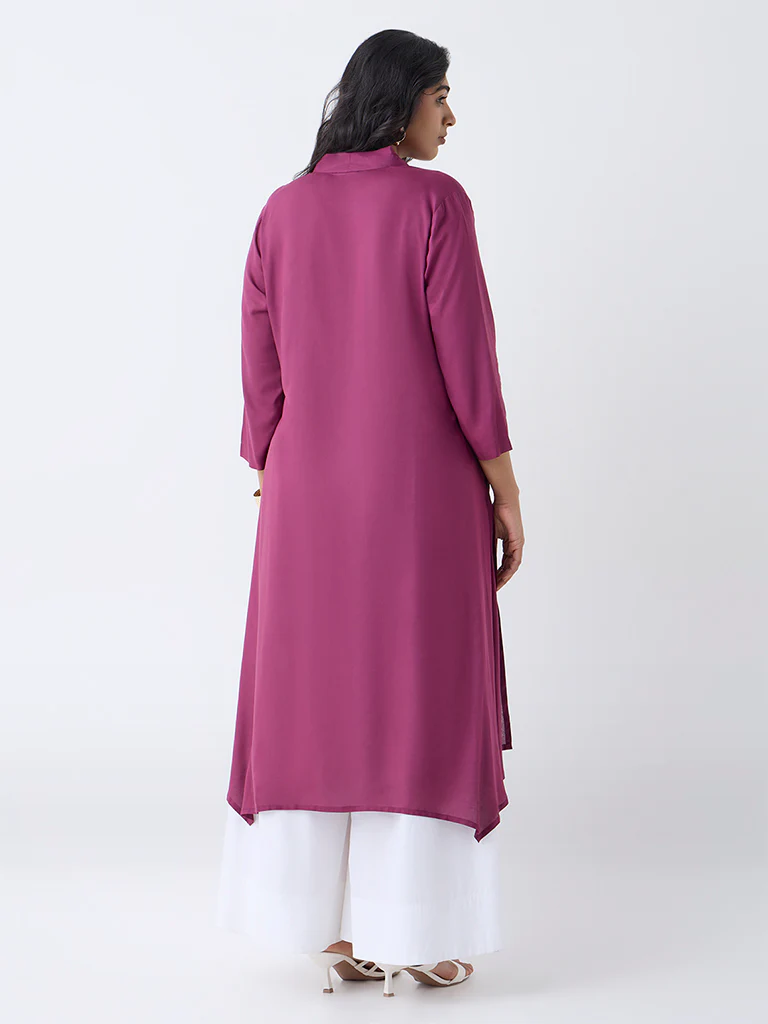 Diza Plum Floral Embroidered A-Line Kurta - Image 4