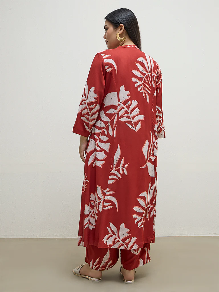 Diza Red Botanical Printed A-Line Kurta - Image 4