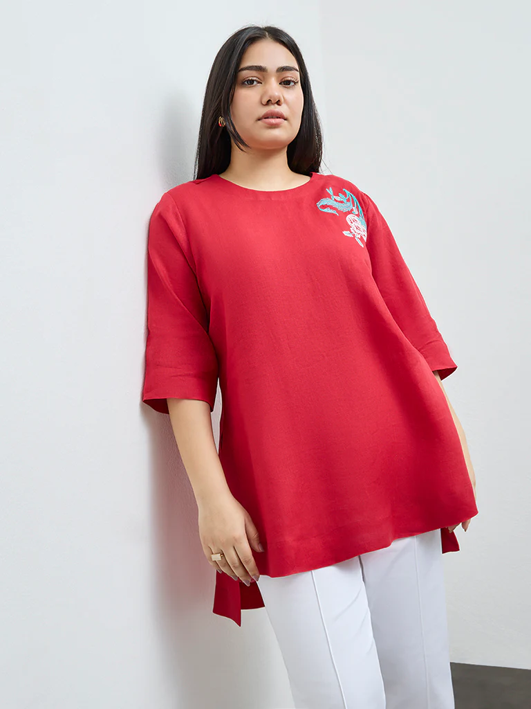 Diza Red Floral Embroidered Linen Tunic